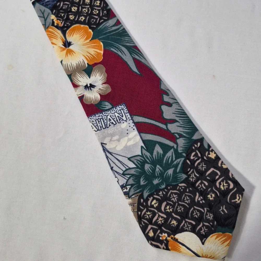 Hilo Hattie Tie‎ Mens Burgundy Hawaiian Tropical Pineapple Floral Necktie Cotton